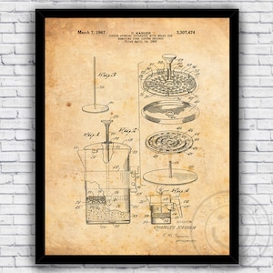 Coffee French Press Brewing Patent Blueprint - Wall Art Print Decor - Size and Frame Options