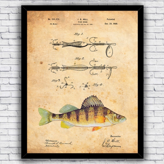 Yellow Perch Fishing Lure Hook Patent Blueprint Wall Art Print Decor Size  and Frame Options 