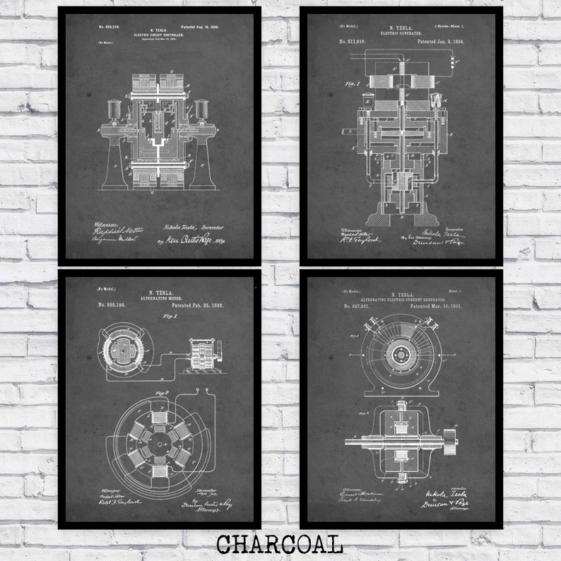 nikola tesla patent blueprint four pack art