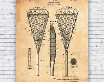 Lacrosse Racquet Stick Sports Patent Blueprint - Wall Art Print Decor - Size Options