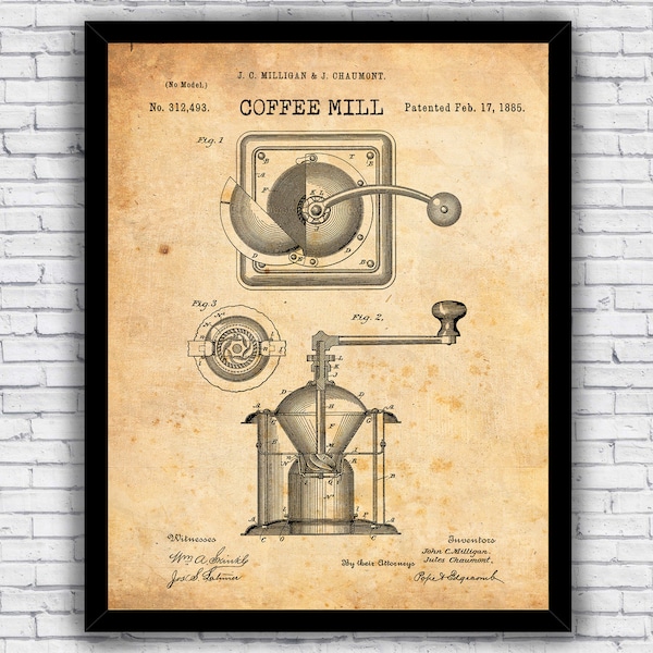 Coffee Grinder Mill Patent Blueprint - Wall Art Print Decor - Size and Frame Options