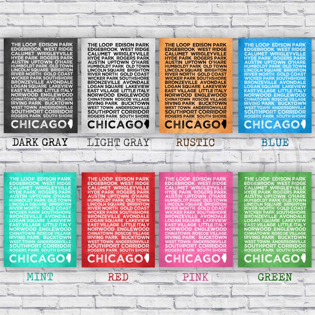 Chicago City Neighborhood Names Typography Print Wall Art Decor - Size ...