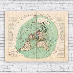 Flat Earth 1700s Polar Projections World Map - Wall Art Repro Print Decor - Size and Frame Options