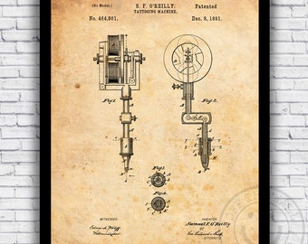 Electric Tattooing Machine Vintage 1800s Patent Blueprint - Wall Art Print Decor - Size and Frame Options