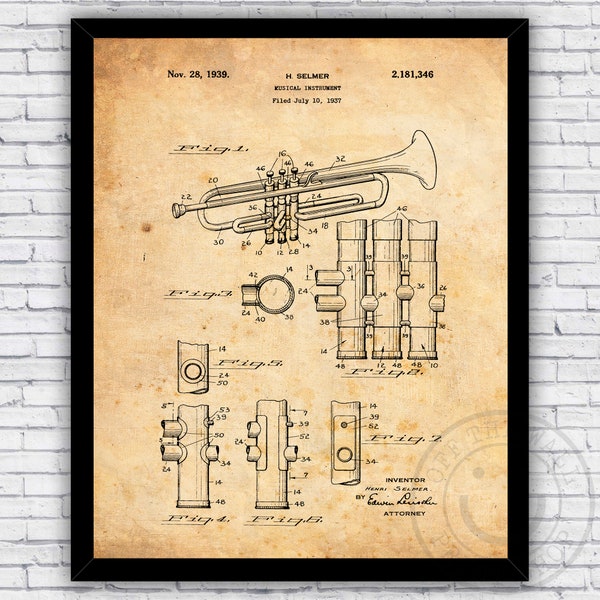 Trumpet Brass Musical Instrument Patent Blueprint - Wall Art Print Decor - Size and Frame Options