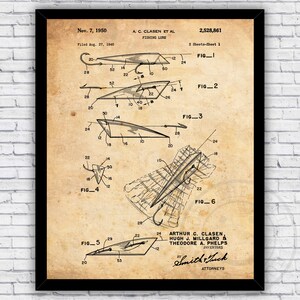 Fishing Lure Bait Hook Patent 1940s Blueprint - Wall Art Print Decor - Size and Frame Options