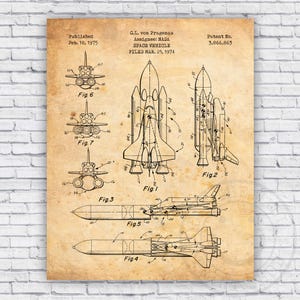May include: A vintage-style print featuring detailed technical drawings of a space shuttle. The print includes diagrams labeled Fig. 1 through Fig. 7, with text indicating the patent information and publication date.