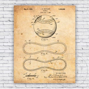 May include: A vintage patent drawing for a baseball design. The drawing shows a baseball with stitching and a baseball diamond. The patent number is 1,668,969 and the date is May 8, 1928.