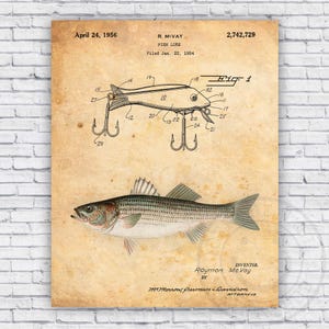 Striped Bass Fisherman Fishing Lure Hook Patent Blueprint Wall Art Print Decor - Size Frame Options