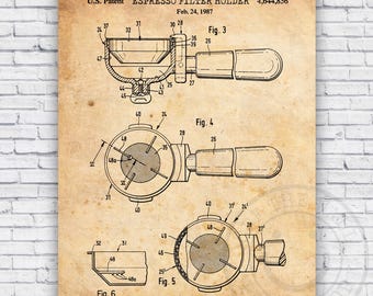 Espresso Filter Holder Patent Blueprint - Wall Art Print Decor - Size Options