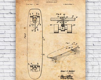 May include: A black and white vintage patent drawing for a skateboard brake. The drawing shows a side view of a skateboard with a brake system. The patent number is 3,385,608 and the inventor is Albert O. Waddell. The patent was filed on September 1, 1966 and issued on May 28, 1968.