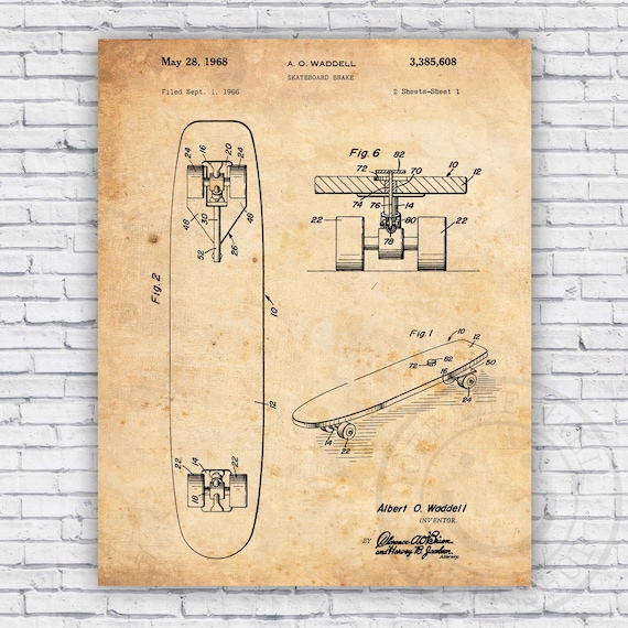 Skateboard Patent Blueprint - Wall Art Print Decor - Size Options