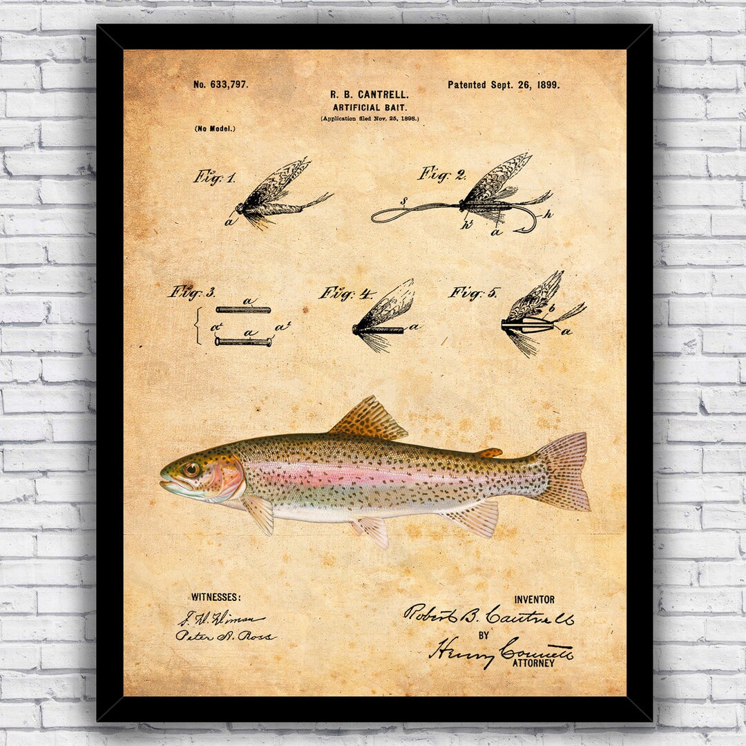 Rainbow Trout Fly Fishing Hook Lure Patent Blueprint Wall Art Print Decor  Size and Frame Options 
