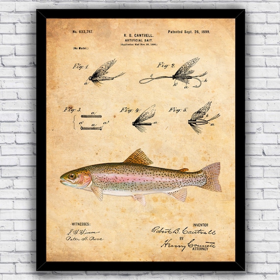 Rainbow Trout Fly Fishing Hook Lure Patent Blueprint Wall Art