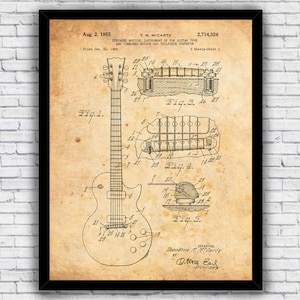 50s Electric Guitar Six String Patent Music Blueprint - Wall Art Print Decor - Size and Frame Options