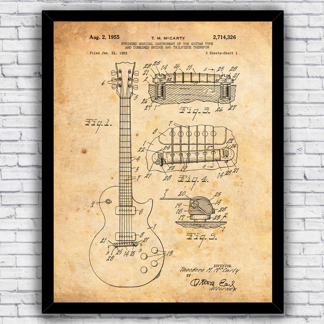 50s Electric Guitar Six String Patent Music Blueprint - Wall Art Print Decor - Size and Frame Options