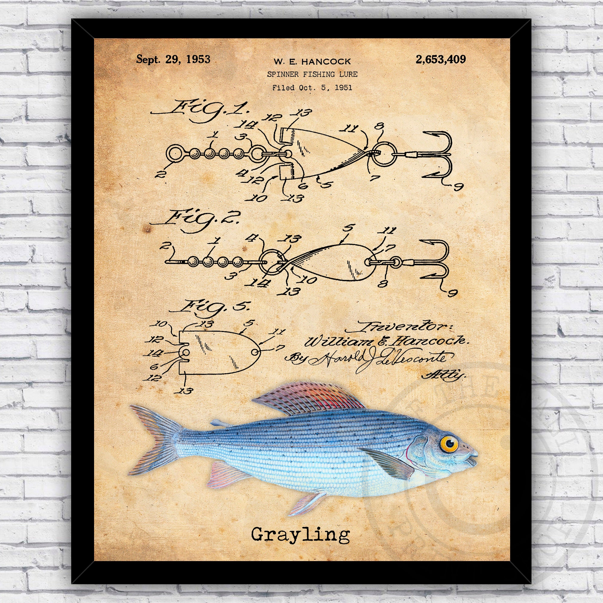 Grayling Fishing Spinner Lure Patent Vintage Repro Wall Art Print