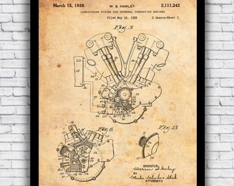 Patent Depicting Harley Davidson Knucklehead 1930s Motorcycle Engine Blueprint - Wall Art Print Decor - Size and Frame Options