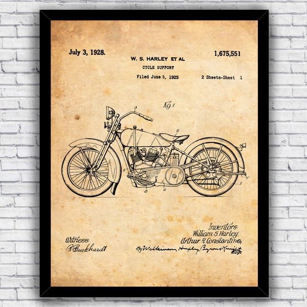 Patent Depicting 1925 Harley Davidson Motorcycle Support Blueprint - Wall Art Print Decor - Size and Frame Options