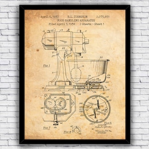 Food Mixer Vintage Kitchen Apparatus Patent Blueprint - Wall Art Print Decor - Size and Frame Options