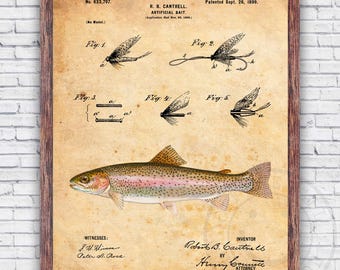 Rainbow Trout Fly Fishing Hook Lure Patent Blueprint Wall Art Print Decor - Size and Frame Options