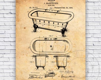 May include: A vintage patent drawing for a bathtub design, No. 24,777, patented October 22, 1895, by O. Marschuetz. The drawing shows a detailed illustration of the bathtub with its unique features.