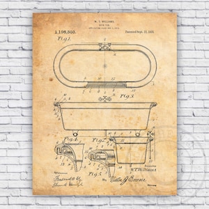 Bath Tub Porcelain Patent Blueprint - Bathroom Wall Art Print Decor - Size Options