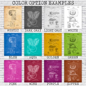 May include: Color options for a printable poster design. The poster features a vintage patent drawing of a toilet paper roll. The color options are: Rustic, Dark Gray, Light Gray, White, Blue, Aqua, Golden, Green, Pink, Wine, Purple, and Coffee.