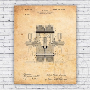May include: A vintage patent drawing for an electric circuit controller, designed by Nikola Tesla. The drawing shows a detailed diagram of the controller's internal components, including coils, wires, and switches. The patent number, date, and inventor's name are clearly visible.