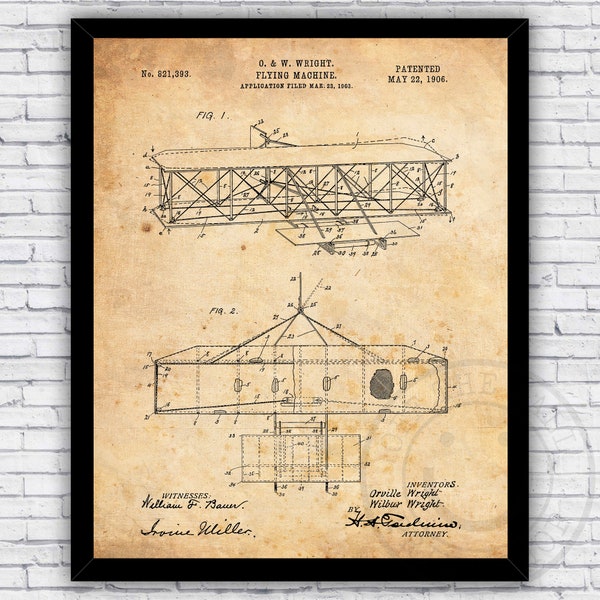 Wright Brothers Airplane Patent Blueprint - Wall Art Print Decor - Size and Frame Options