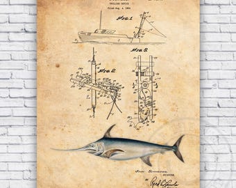 Swordfishing Trolling Boat Patent - Wall Art Print Decor - Size Options