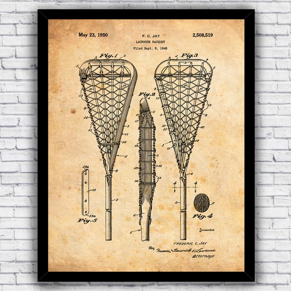 Lacrosse Racquet Stick Vintage Sports Patent Blueprint Wall Art Print Decor - Size and Frame Options