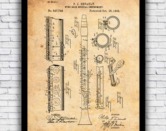 Clarinet Woodwind Music Instrument Patent Blueprint - Wall Art Print Decor - Size and Frame Options