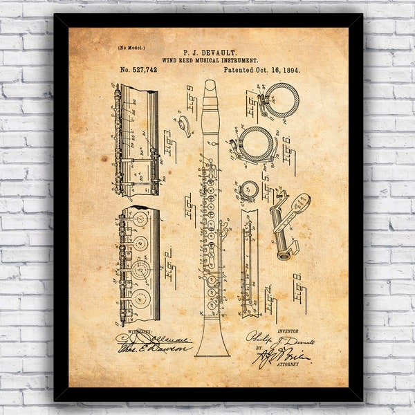 Clarinet Woodwind Music Instrument Patent Blueprint - Wall Art Print Decor - Size and Frame Options