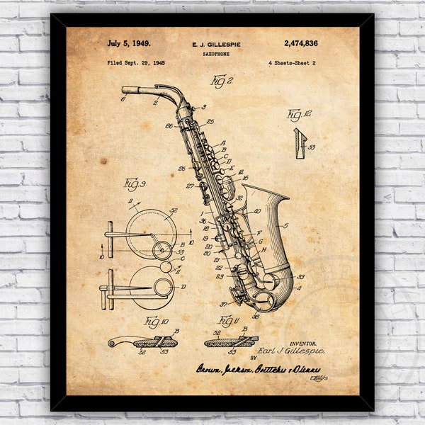 Saxophone Woodwind Music Instrument Patent Blueprint - Wall Art Print Decor - Size and Frame Options