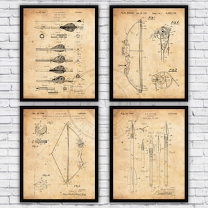 Archery Bows Arrows Outdoorsman Sports Patents Four Pack - Wall Art Prints Decor - Size and Frame Options