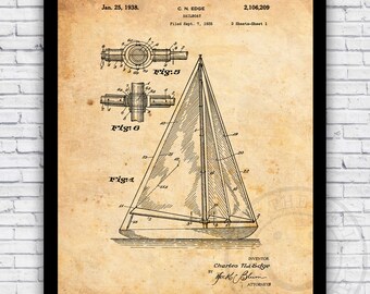 Sailboat Nautical Naval Boating Sailing Patent Blueprint - Wall Art Print Decor - Size and Frame Options