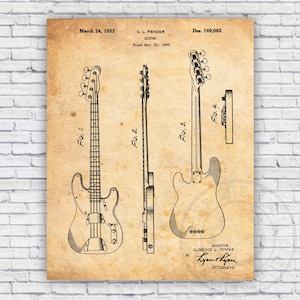 Electric Bass Guitar Patent Blueprint - Wall Art Print Decor - Size Options
