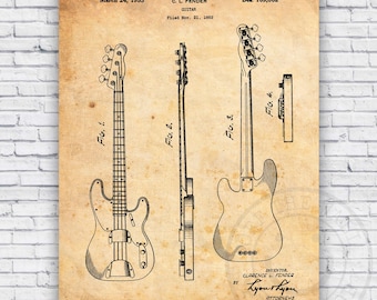 Electric Bass Guitar Patent Blueprint - Wall Art Print Decor - Size Options