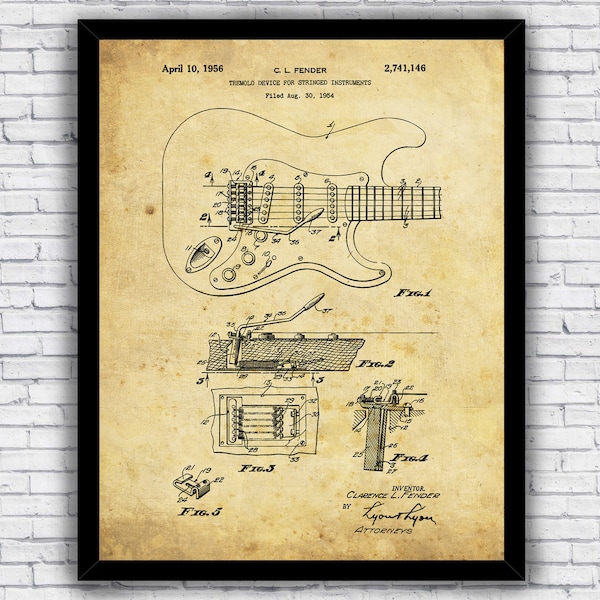 Electric Guitar Music Patent Vintage Blueprint - Wall Art Print Decor - Size and Frame Options