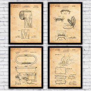 Toilet Paper Roll Direction, Toilet Seat, Bath Tub, Wash Hands Four Pack - Wall Art Prints Bathroom Decor - Size and Frame Options