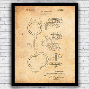 Police Handcuffs Patent Blueprint - Wall Art Print Decor - Size and Frame Options