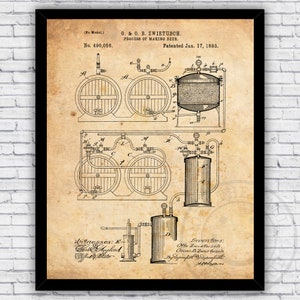 Beer Brewing Process Vintage 1800s Patent Blueprint - Wall Art Print Bar Decor - Size and Frame Options