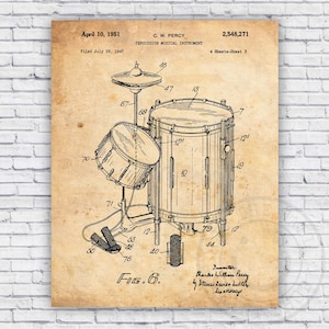 Drum Set 50s Percussion Music Patent Blueprint - Wall Art Print Decor - Size Options