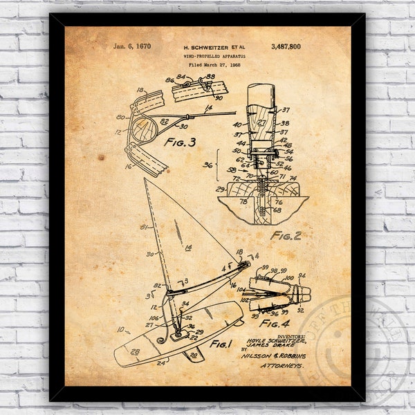 Wind Surfing Apparatus Patent Blueprint - Wall Art Print Decor - Size and Frame Options