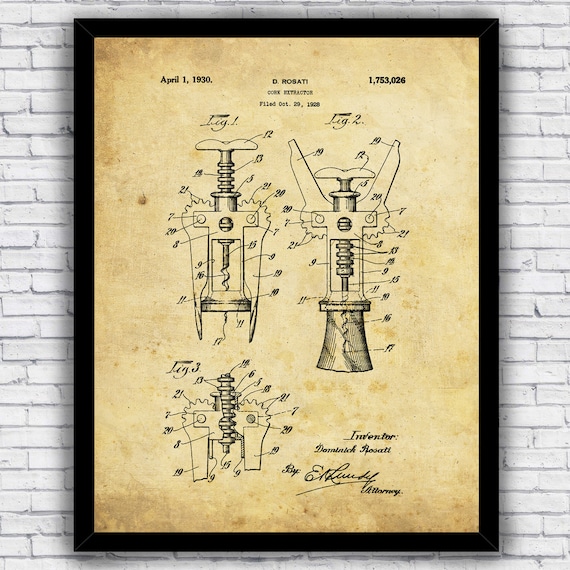 Download Vintage Wine Bottle Opener Corkscrew Patent Blueprint Wall Etsy