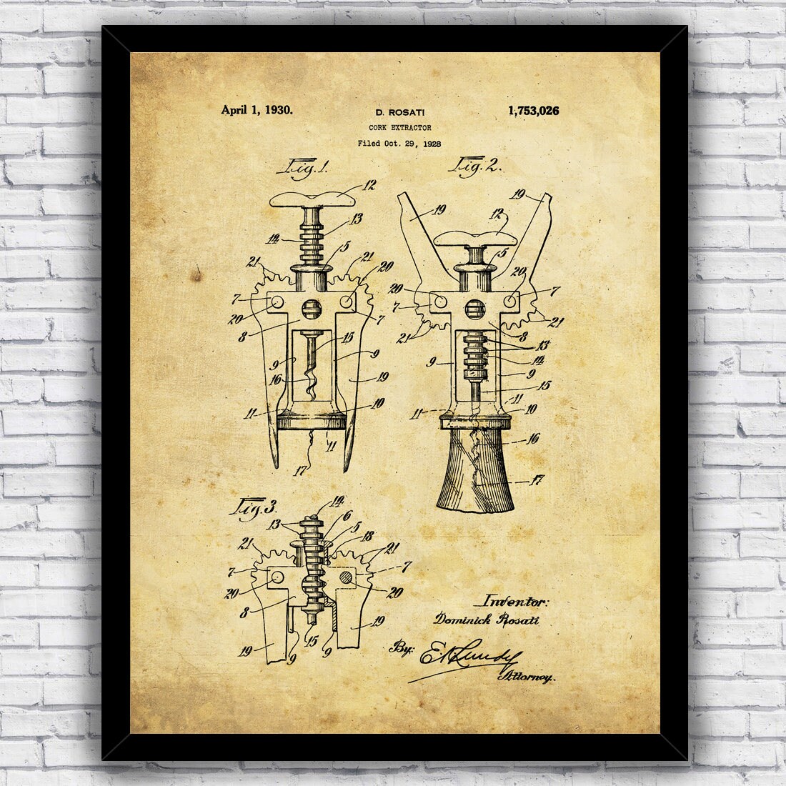 Vintage Wine Bottle Opener Corkscrew Patent Blueprint Wall Etsy