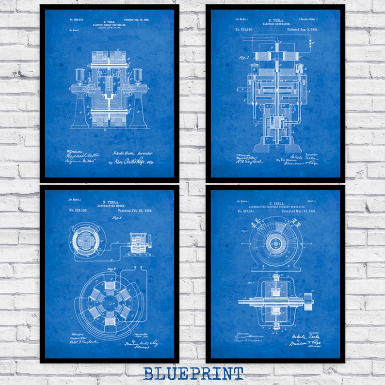 nikola tesla patent blueprint four pack art