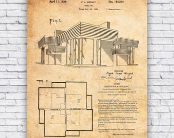 Patent Depicting Frank Lloyd Wright Dwelling House Architecture Blueprint - Wall Art Print Decor - Size and Options