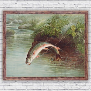 May include: A vintage painting of a trout jumping out of a stream. The fish is brown with white spots and is leaping out of the water with its mouth open. The background is a lush green forest with a small stream flowing through it.